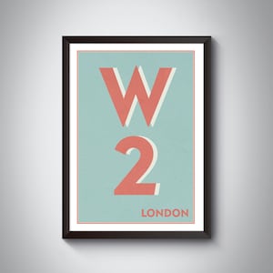 May include: A framed print with a light blue background and red text that reads "W2 LONDON". The "W" is stylized with a double outline and the "2" is a large, bold number.