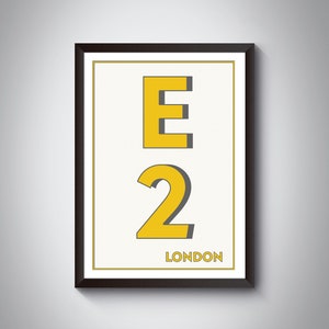 Impresión tipográfica con código postal de Londres E2 (Tower Hamlets, Whitechapel): impresión artística Giclée, impresión artística de Londres.