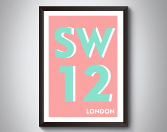 SW12 (Balham, Clapham South) London Postcode Typography Print. Giclée Art Print. South London Art Print.