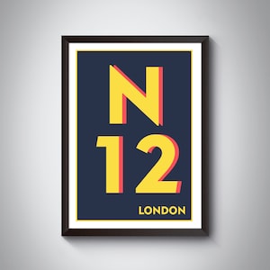 N12 North Finchley - London Print - Postcode Typography Art Print - Available in multiple colours.