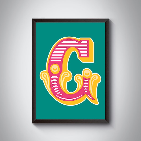 G Letter Print | Bright, Bold Carnival Initial Letter Art Print | Circus Typography| | 4 colour | A5, A4, A3, A2, A1 Art Print | Framed