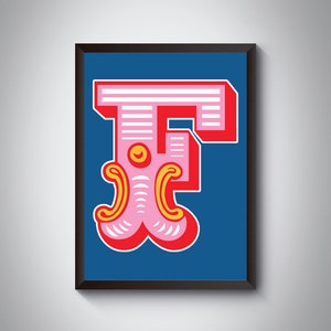 Impresión de letras F / Impresión de arte de letras iniciales de carnaval brillante y audaz / Tipografía de circo/ / 4 colores / A5, A4, A3, A2, A1 Impresión de arte / Enmarcado