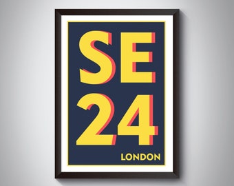 SE24 ( Brockwell / Dulwich / Herne Hill ) London Postcode Typography Print - Giclée Art Print - South London Art Print. London Landmark