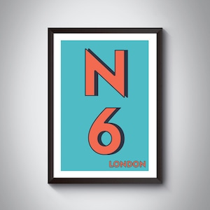 N6 | Camden, Haringey, Islington, London Postcode Typography Print | Personalised North London Art Print | Framed/Unframed