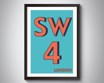 SW4 (Clapham, Stockwell, Lambeth) London Postcode Typography Print. Giclée Art Print. South London Art Print. Available in multiple colours
