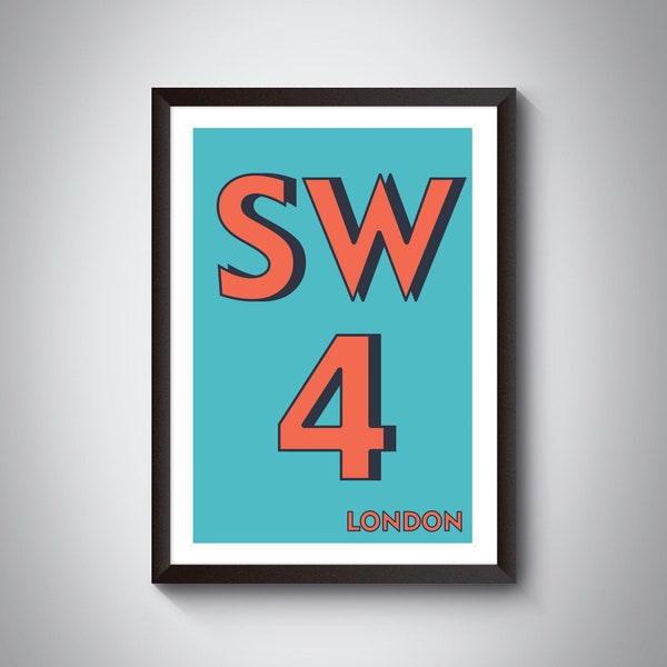 SW4 (Clapham, Stockwell, Lambeth) London Postcode Typography Print. Giclée Art Print. South London Art Print. Available in multiple colours