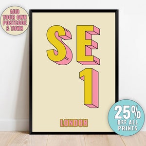 Puede incluir: Un póster amarillo y rosa con el texto "SE1 LONDON" en una fuente de estilo retro. El póster está enmarcado en negro.
