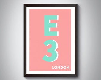 E3 (Tower Hamlets, Newham ) London Postcode Typography Print - Giclée Art Print - London Art Print.