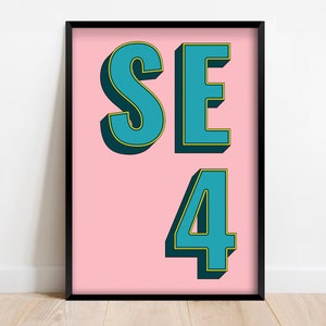May include: A framed print with a pink background and the text "SE4" in large, blue, outlined letters.