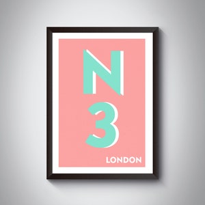 N3 (Finchley, Church End, Finchley, Central Barnet) London Postcode Typography Print - Giclée Art Print - South London Art Print.