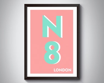 London Postcode Print N8 | London Personalised Housewarming Gift | Giclée Typography Wall Art | Housewarming gift | new home gift