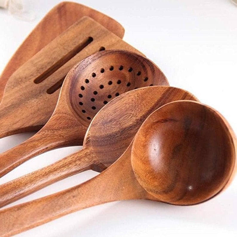 Teak Wood Utensil Set of 5 Etsy