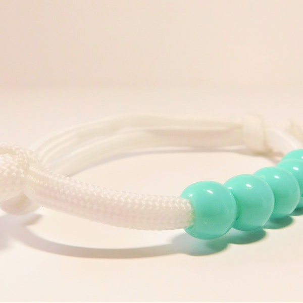 Glow in the Dark, Beaded Paracord Bracelet Adjustable Slip Knot Friendship Bracelet, White with Turquoise Beads, Beach, Surfer Jewelry