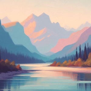 May include: An abstract landscape painting showing a tranquil lake reflecting the mountains. The artwork uses blues, pinks, and oranges to depict the sky, water, and mountains. Trees line the lake's edge, creating a peaceful scene.