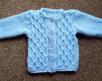 Hand knitted pale blue baby girls cardigan 0-3 months