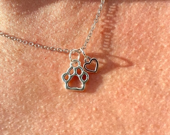 Paw print and heart silver necklace