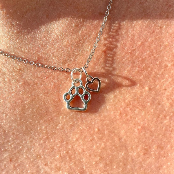 Paw print and heart silver necklace