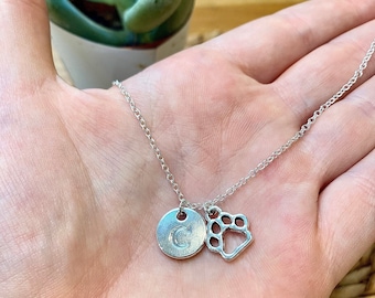 Paw print and initial silver necklace, silver paw print necklace, initial necklace