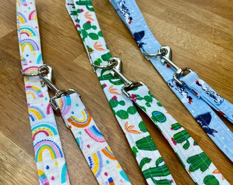 Fabric dog leads, handmade dog leads, crossbody dog lead, cactus dog lead, rainbow dog lead, blue dog lead, dog lead and poop bag holder set