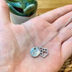 Paw print and initial silver necklace, silver paw print necklace, initial necklace
