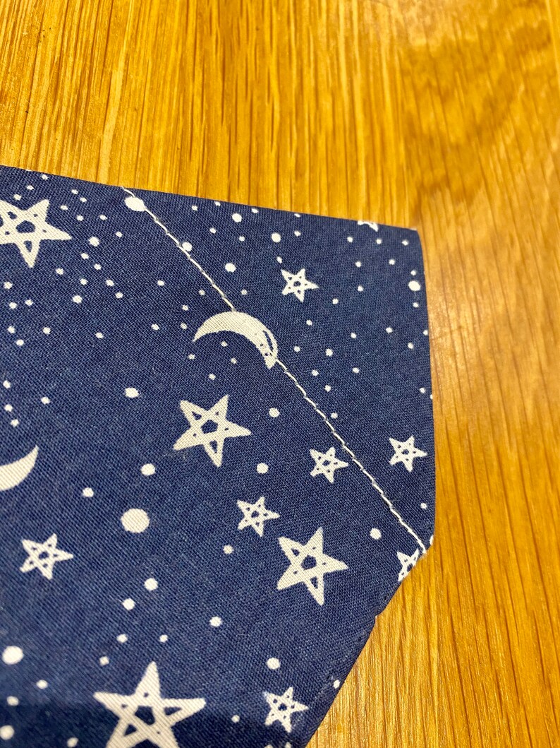 May include: Close-up of a corner of a blue fabric with a white crescent moon and stars pattern.