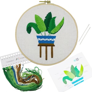 Full Embroidery Kit DIY Plant Beginner Advanced Learn To Embroider Hoop, Thread Cloth, Pre printed Pattern instructions Modern UK gift craft