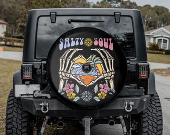 Retro Salty Beach Soul Floral Wave Skeleton Spare Tire Cover, Gift For Truck Lover, Car Accessories, Skeleton Spare Tire Cover, Summer Vibes