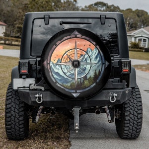Adventure Awaits Compass Mountain Spare Tire Cover, Mountain Site Camper Truck, Camping Gift, For Him Husband, RV Camper Decor