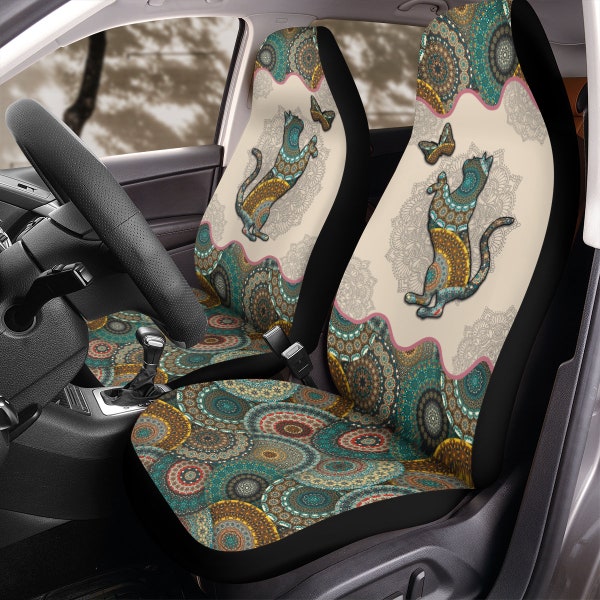 Mandala vintage de chat - Housses de siège de voiture, protecteurs de siège avant, pour SUV, accessoires de voiture pour femmes, accessoire de voiture de chat, housses de siège de voiture de chat