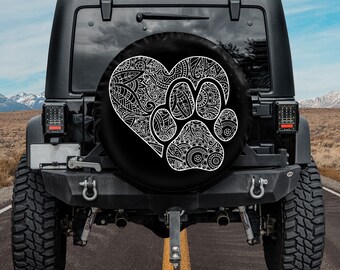 Heart Paw Mandala Print Spare Tire Cover, Custom Tire Cover, Personalized Tire Cover, Gift for Car Lover, RV SUV Tire Cover, Car Accessories