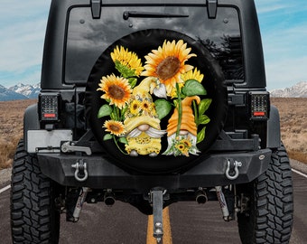 Sunflower Gnome Spare Tire Cover, Hippie Camper Truck,Sunflower Camper Truck, Personalized Tire Cover, Gift For Car Lover, Mother's Day Gift