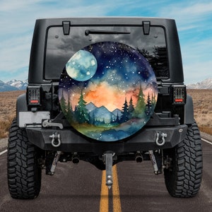 Night Sky Moon Watercolor Spare Tire Cover, Custom Tire Cover, Personalized Tire Cover, Gift for Car Lover,RV SUV Tire Cover,Car Accessories