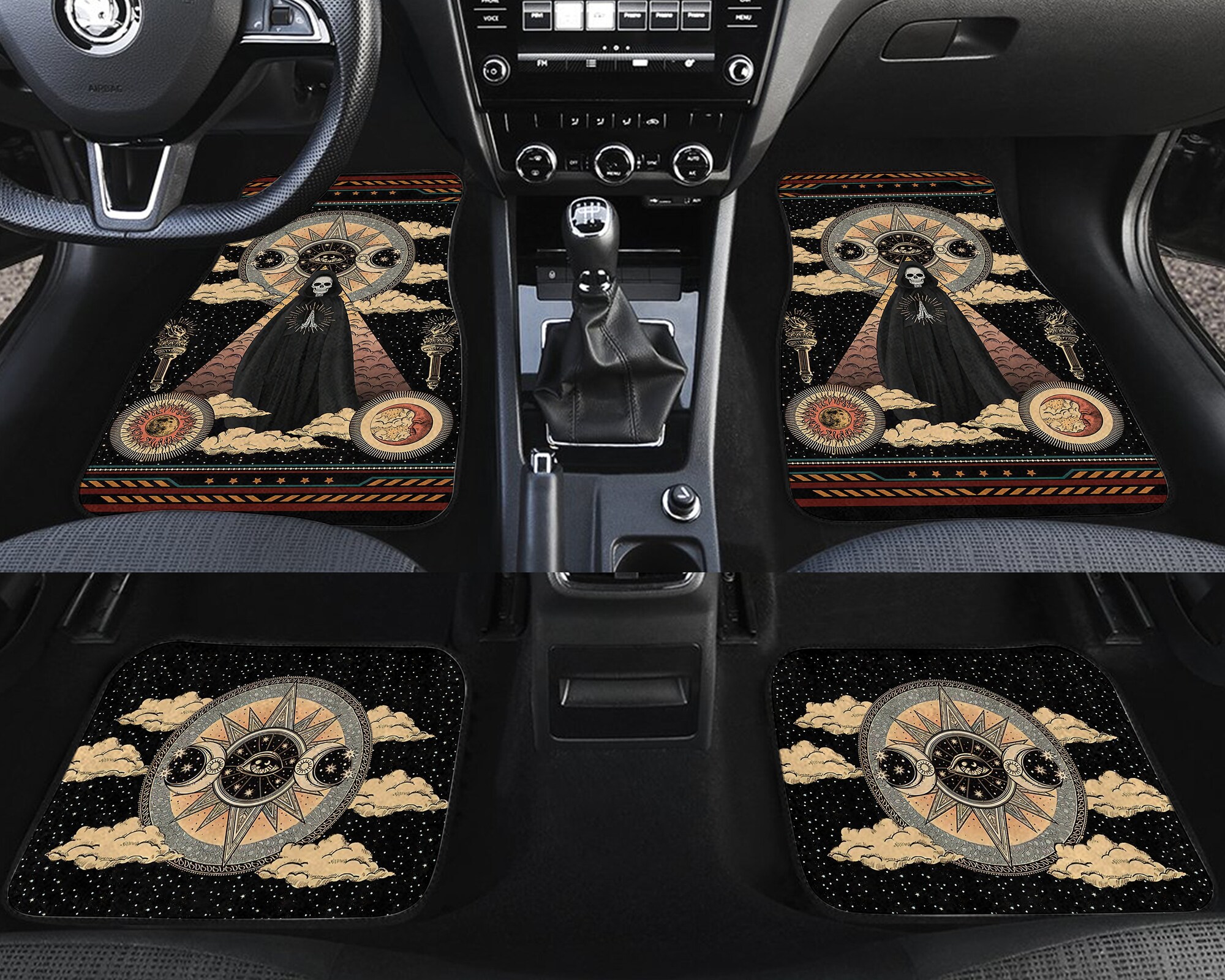 Skull Car Mat, Moon Sun Mat, Celestial Floor Car Mat