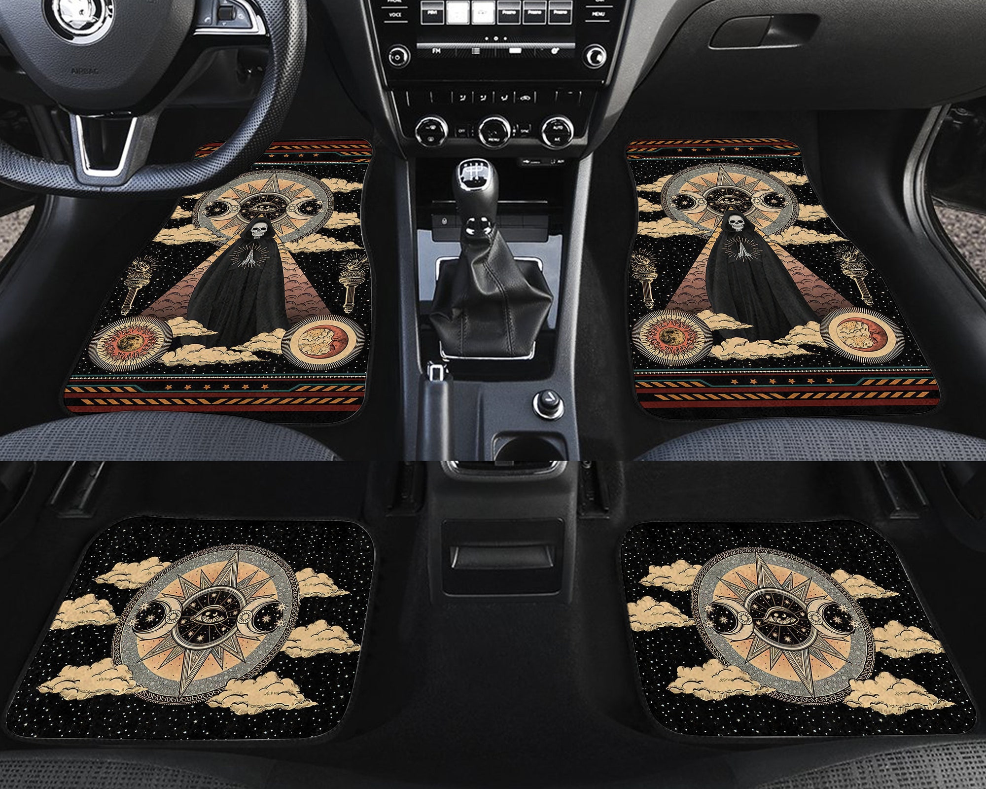 Skull Car Mat, Moon Sun Mat, Celestial Floor Car Mat