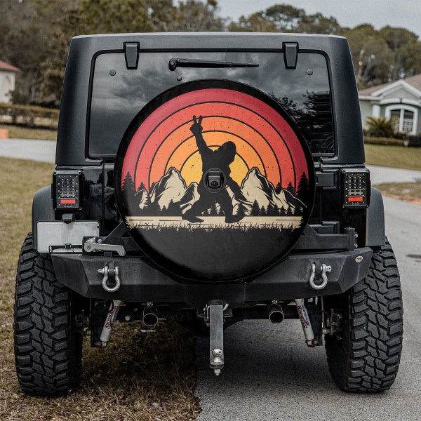 Bigfoot Peace Out Retro Sun Spare Tire Cover, Father's Day Gift, Personalized Spare Tire Cover, Gift For Car Lover, Camping Tire Cover