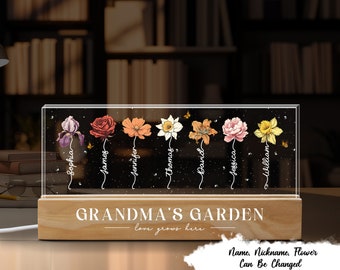 Luz nocturna LED personalizada con flores del mes de nacimiento del jardín de la abuela, regalo del día de la madre para la abuela mamá, luz nocturna de flores personalizada del mes de nacimiento