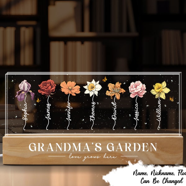 Grandma's Garden Birth Month Flower Personalized LED Night Light, Mother's Day Gift For Grandma Mom, Custom Birth Month Flower Night Light