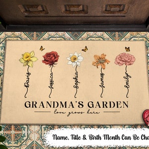 Grandma's Garden Love Grows Here Vintage Birth Flowers Swirl Name Personalized Custom Doormat, Mother's Day Gift, Gift For Her, Mom, Grandma