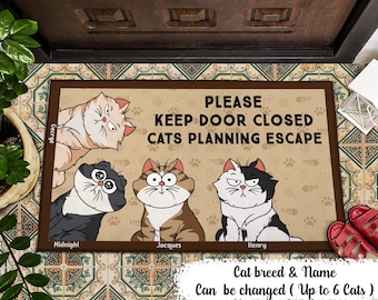 Gatos de dibujos animados planeando escapar, regalo para los amantes de los gatos, felpudo personalizado, tapete para gatos personalizado, felpudo divertido para gatos, felpudo de bienvenida, regalo del dueño del gato
