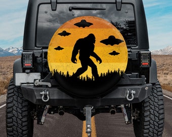 Bigfoot UFO Spare Tire Cover, Vintage Bigfoot Hiking Tire Cover, Father's Day Gift, Personalized Spare Tire Cover, Gift For Car Lover