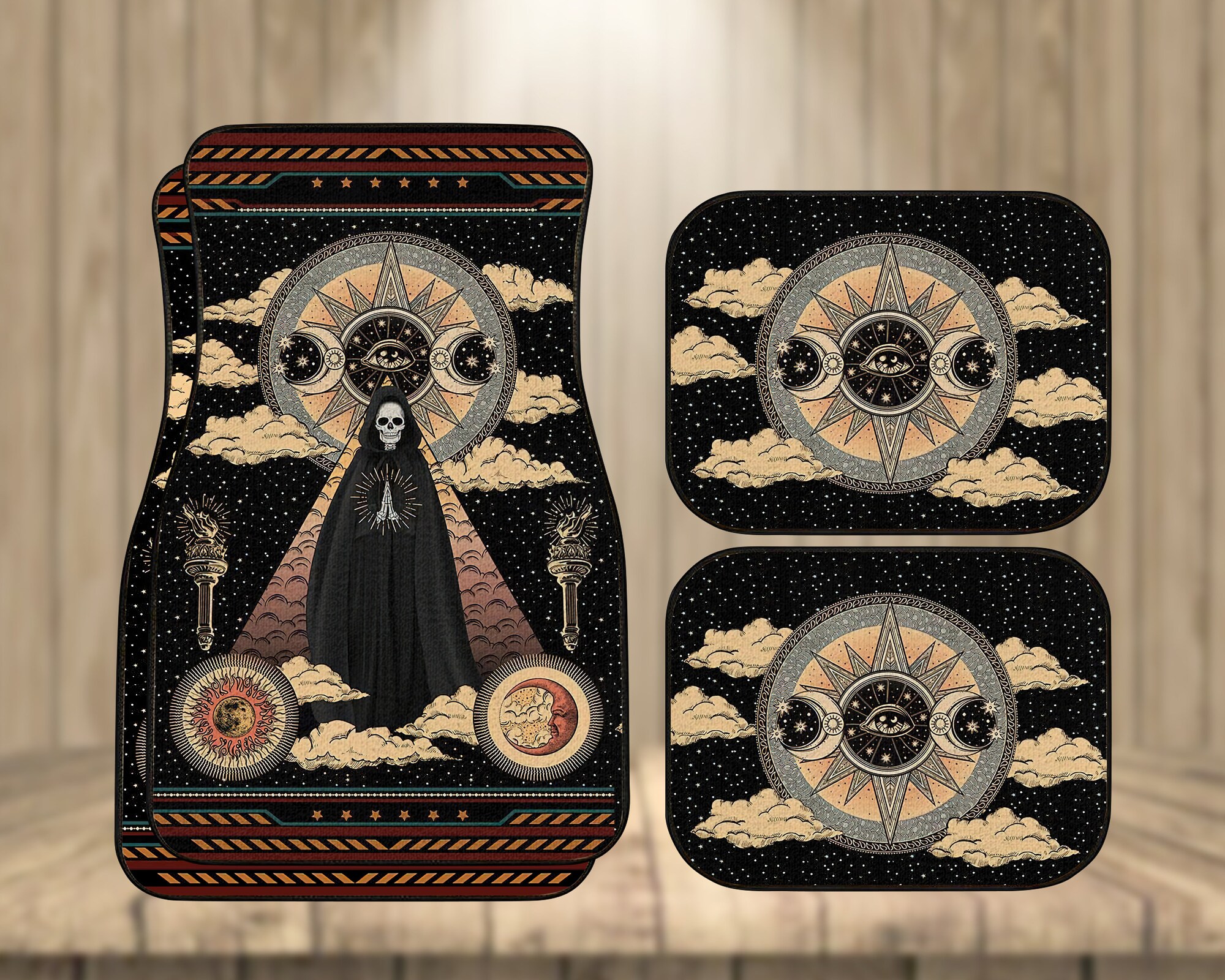 Skull Car Mat, Moon Sun Mat, Celestial Floor Car Mat