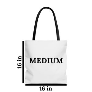May include: White tote bag with black handles and the word "MEDIUM" printed in black on the front. The bag measures 16 inches wide and 16 inches tall.