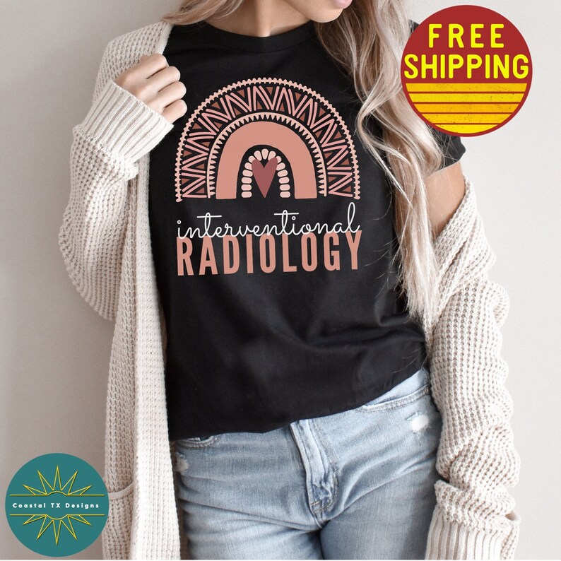 May include: Black t-shirt with a pink and brown rainbow design and the text "interventional RADIOLOGY".