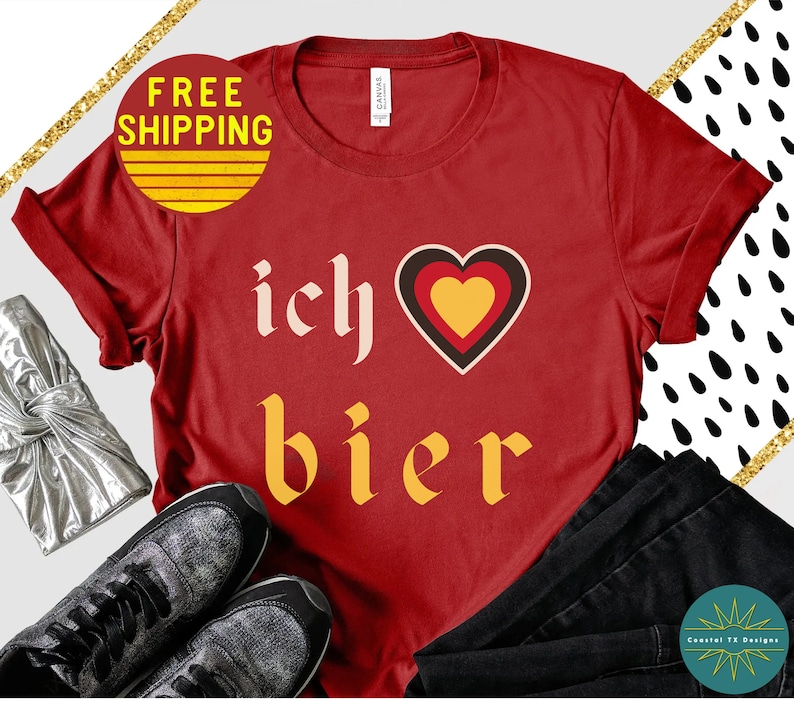May include: Red t-shirt with the text "ich &hearts; bier" in a yellow and white font. The heart is red, yellow, and black.