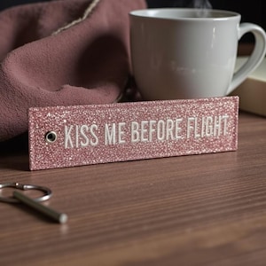 Kiss Me Before Flight – Glitter Pink Embroidered Luggage Tag