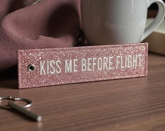 Kiss Me Before Flight – Glitter Pink Embroidered Luggage Tag