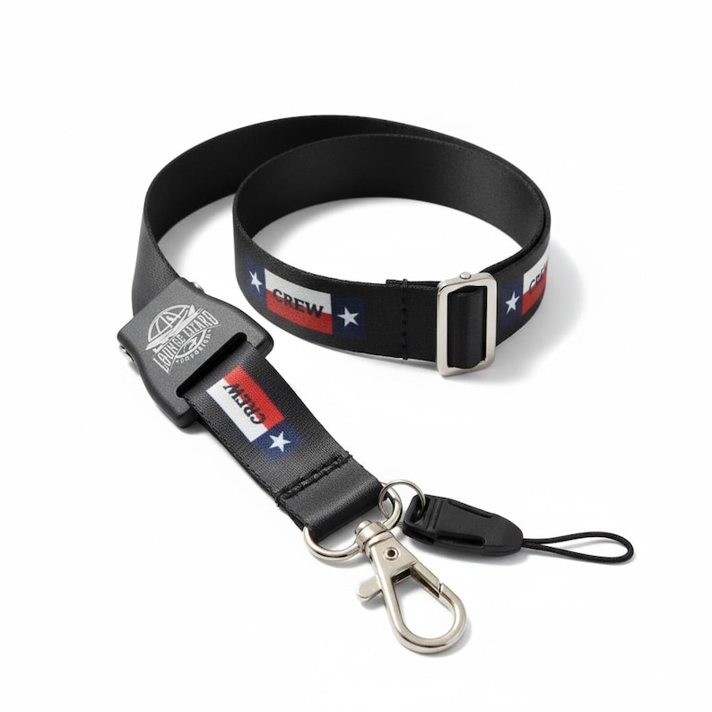 May include: Black lanyard featuring a repeating pattern of white rectangles, red stripes, blue stars, and the word "CREW". It has a metal clasp, a black plastic clip, and a black buckle. The lanyard also has the text "LONE STAR AIRPORT CORPORATION".