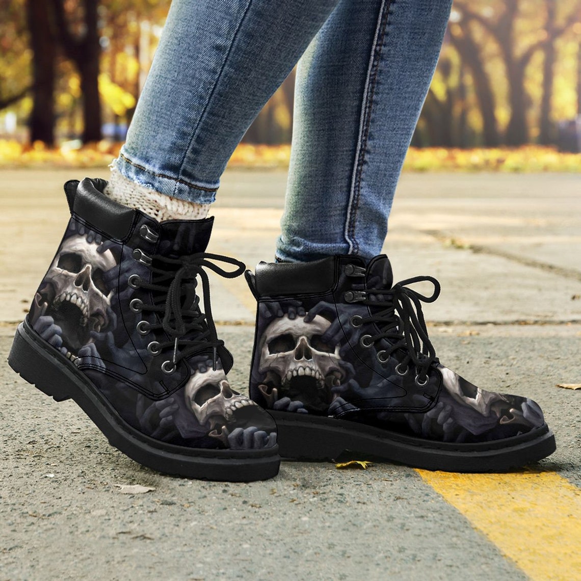 All Season Boots Skull Black Retro Boots Vegan Leather Combat Etsy