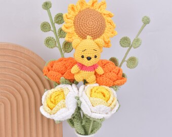 8PCS Crochet Sunflower Rose Gift for Pooh Lovers,Handmade Knit Roses&Sunflower,Home Decor, Anniversary Gifts, Mother's Day Gift