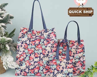 Cherry Blossom Navy Blue Gift Bag, Bronzing Cotton Gift Tote, Reusable Handbag, Holiday Bag for Present, Birthday/Mother's Day Gift
